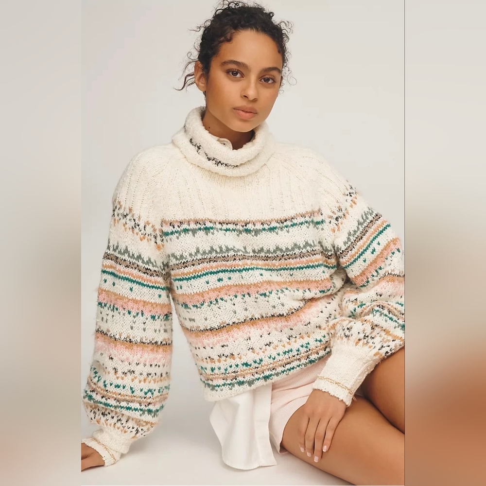 Anthropologie Pilcro Relaxed Turtleneck Knit Sweater Pink Combo XL New With Tags